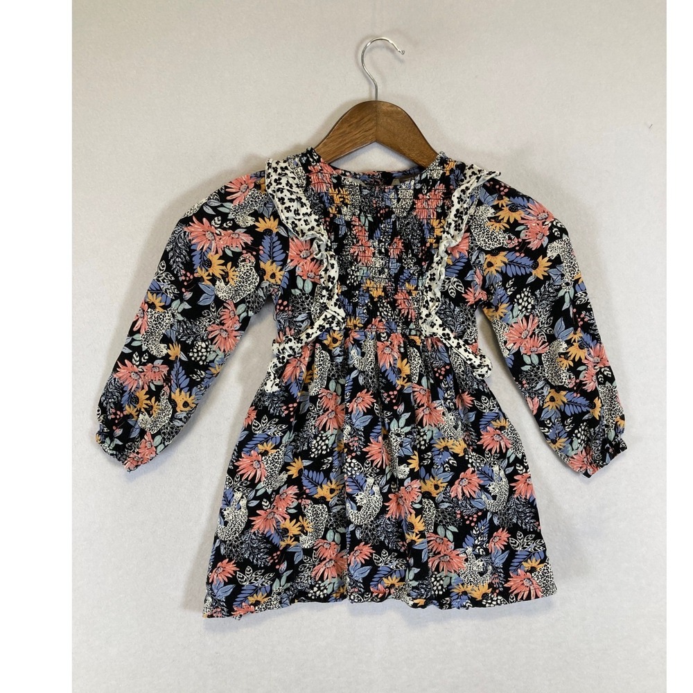Boho Floral Leopard Vince Camuto Girls 5 Black Smocked Ruffle‎ Long Sleeve Dress